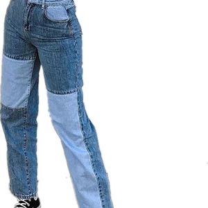 Women's Fashion Patchwork Straight Leg Denim Jeans Mid Waisted Retro Contrast